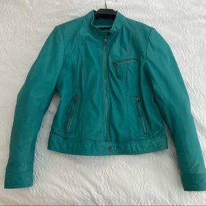 Wilson’s Leather jacket in turquoise.